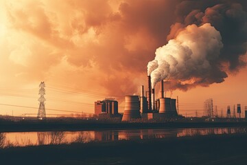 an industrial plant with smoke pouring out, in the background a city engulfed in smoke.  smoke and fumes from burning trees pouring out of smokestacks on factory chimneys