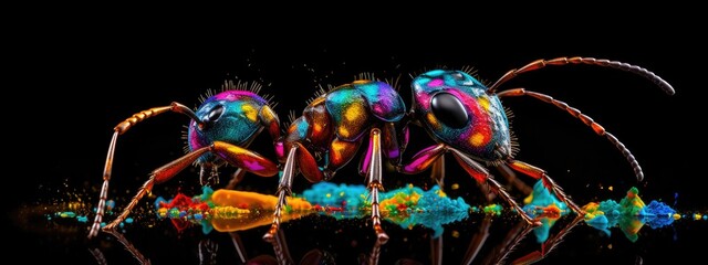 Painted colorful ant animal, they show off in beautiful colors. isolated black background. Pattern for t-shirt printing, Generative AI