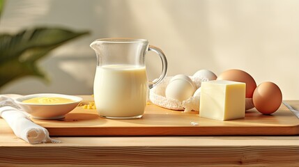 Fototapeta na wymiar eggs, milk and butter on a wooden board