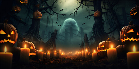 Forest Night Bat Moon Jack O Lantern Halloween, Halloween scary night with evil pumpkins  generative ai