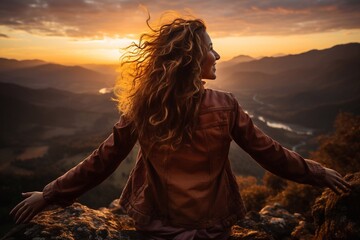 Awakening Joy Woman Embracing Sunrise and Environment, Guided by Generative AI