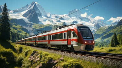 Obraz premium Famous electric red tourist panoramic train in swiss village Lungern, canton of Obwalden, Switzerland