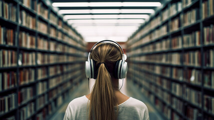 Young woman or girl with headphones on her head standing in large library, books on both sides, view from behind - audiobooks concept