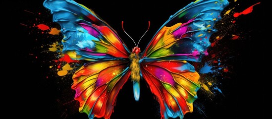 Painted colorful butterfly animal, they show off in beautiful colors. isolated black background. Pattern for t-shirt printing, Generative AI