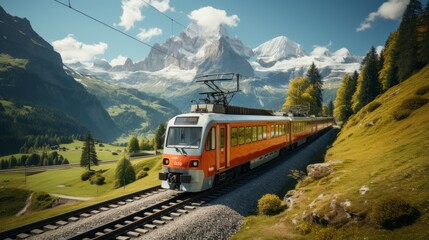 Famous electric red tourist panoramic train in swiss village Lungern, canton of Obwalden,...