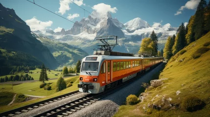 Fotobehang Famous electric red tourist panoramic train in swiss village Lungern, canton of Obwalden, Switzerland © ND STOCK