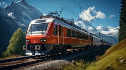 Obraz premium Famous electric red tourist panoramic train in swiss village Lungern, canton of Obwalden, Switzerland
