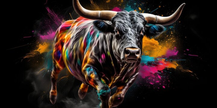 Painted colorful bull animal, they show off in beautiful colors. isolated black background. Pattern for t-shirt printing, Generative AI