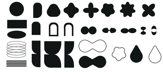 Abstract geometric shapes and grids, modern drawing of a star, oval, and other primitive elements. Memphis style design. Figures in black isolated on a white background. Flat vector illustration