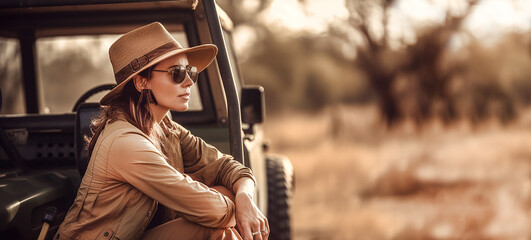 Woman in adventurer outfit on african safari. Sitting next to her off road car, blurred savanna background. Banner - obrazy, fototapety, plakaty