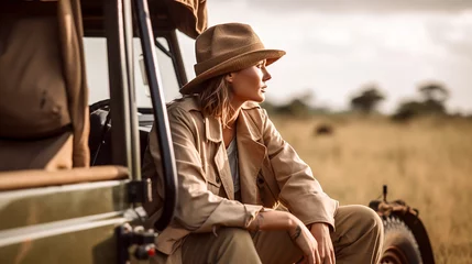 Foto op Aluminium Woman in adventurer outfit on african safari. Sitting next to her off road car, blurred savanna background. © Рика Тс