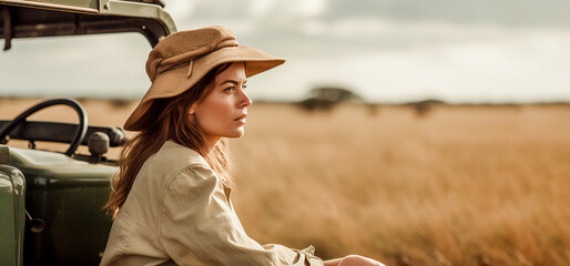 Woman in adventurer outfit on african safari. Sitting next to her off road car, blurred savanna background. Banner - obrazy, fototapety, plakaty