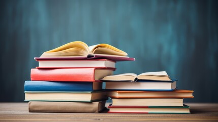 Education and reading concept - group of colorful books on the wooden table in the classroom, blackboard background, Generative AI