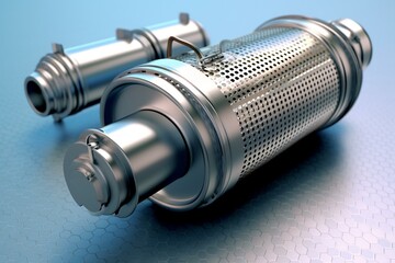 Three-dimensional depiction of a diesel particulate filter and catalytic converter. Generative AI