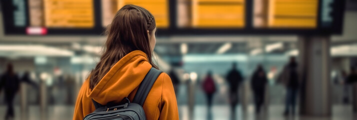 Young woman with backpack on his back waiting at airport or large train station, view from behind.