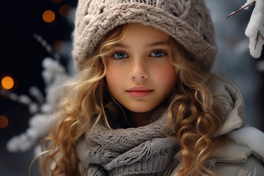 Golden Haired Winter Charm Picture of a Girl in Seasonal Clothes Cap White Golden Hair and Blue Eye Generative Ai