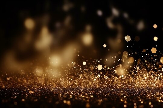 Abstract glitter lights in a blurred gold and black background. Generative AI