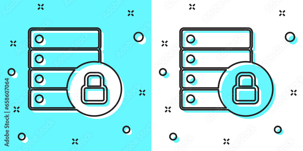 Poster black line server security with closed padlock icon isolated on green and white background. database