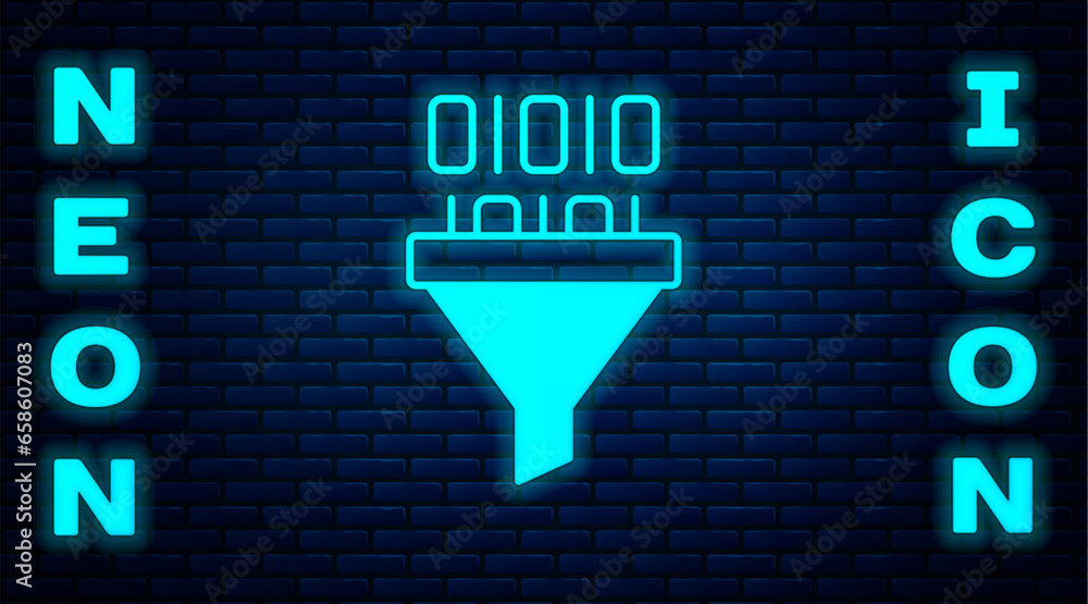 Aufkleber glowing neon binary code icon isolated on brick wall background. vector