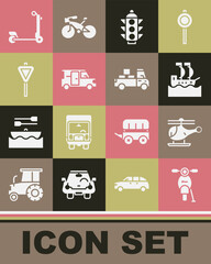 Set Scooter, Helicopter, Sailboat, Traffic light, Minibus, Road traffic signpost, and Delivery truck icon. Vector