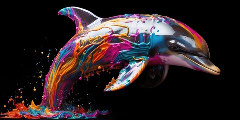 Painted colorful dolphin animal, they show off in beautiful colors. isolated black background. Pattern for t-shirt printing, Generative AI - obrazy, fototapety, plakaty
