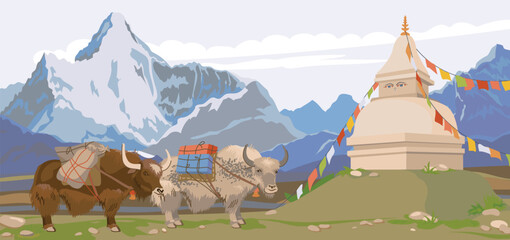 Himalayan yaks with a load on their back, a Buddhist stupa decorated with flags. Mountain horizontal landscape of Nepal. Vector illustration, flat style. Pets in Mongolia and Tibet. - obrazy, fototapety, plakaty