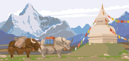Foto op Canvas Himalayan yaks with a load on their back, a Buddhist stupa decorated with flags. Mountain horizontal landscape of Nepal. Vector illustration, flat style. Pets in Mongolia and Tibet. © Tata Pilip