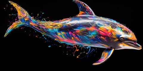 Painted colorful dolphin animal, they show off in beautiful colors. isolated black background. Pattern for t-shirt printing, Generative AI