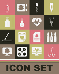 Set Medical scissors, vial, ampoule, Crutch crutches, Sperm, Enema, Hand sanitizer bottle, Syringe and Heart rate icon. Vector