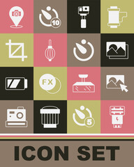 Set Photo camera flash, retouching, frame, Action, Dust blower, Picture crop photo, and Camera timer icon. Vector