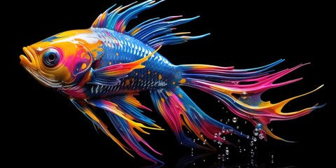 Painted colorful fish animal, they show off in beautiful colors. isolated black background. Pattern for t-shirt printing, Generative AI - obrazy, fototapety, plakaty