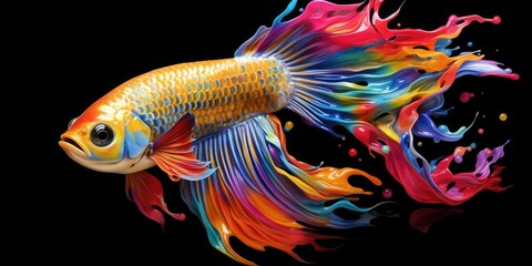 Painted colorful fish animal, they show off in beautiful colors. isolated black background. Pattern for t-shirt printing, Generative AI