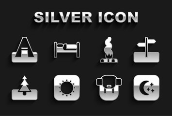 Set Sun, Road traffic sign, Moon and stars, Hiking backpack, Tree, Campfire, Tourist tent and Bed icon. Vector