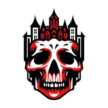 Halloween skull with a crown of buildings vector illustration, logo