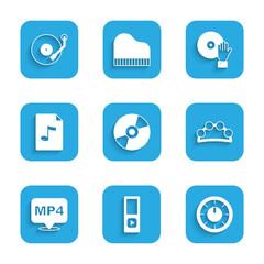 Set Vinyl disk, Music player, Sound mixer controller, Tambourine, MP4 file document, MP3, DJ playing music and icon. Vector
