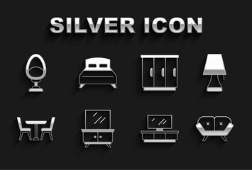 Set Dressing table, Table lamp, Sofa, TV stand, with chair, Wardrobe, Armchair and Big bed icon. Vector