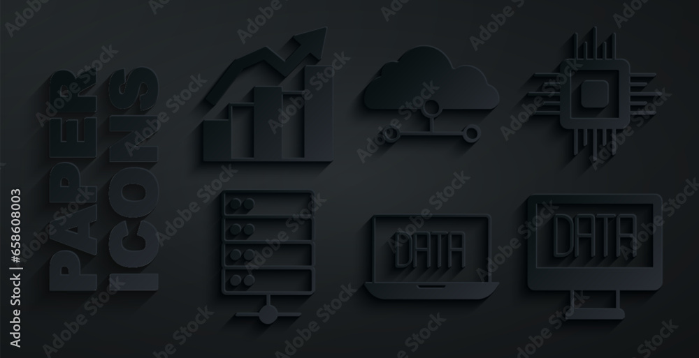 Poster set data analysis, processor cpu, server, network cloud connection and financial growth icon. vector
