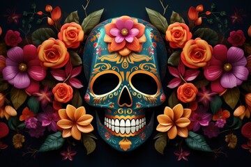 day of the dead, skull with flowers and on black background