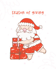 Cute summer christmas santa claus wrapping a gift wit heart warming smile. Kawaii Summer Christmas Holiday Cartoon doodl. season of giving