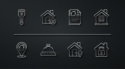 Set line House key, Location with house, Hotel service bell, wrong mark, under protection and contract icon. Vector