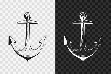 Sea anchor silhouette icon, high quality vector glyph sign. Sea anchor symbol isolated on dark and light transparent backgrounds.