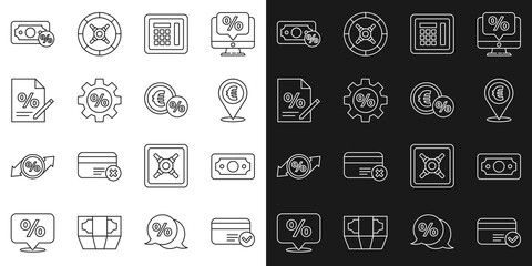 Set line Credit card, Stacks paper money cash, Cash location, Safe, Gear with percent, Finance document, Money and coin icon. Vector