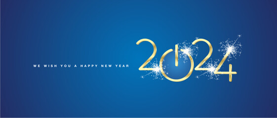 Fototapeta na wymiar We wish you a Happy New Year 2024 eve golden shining rounded 3d typography sparkle firework blue background banner with turn on start button