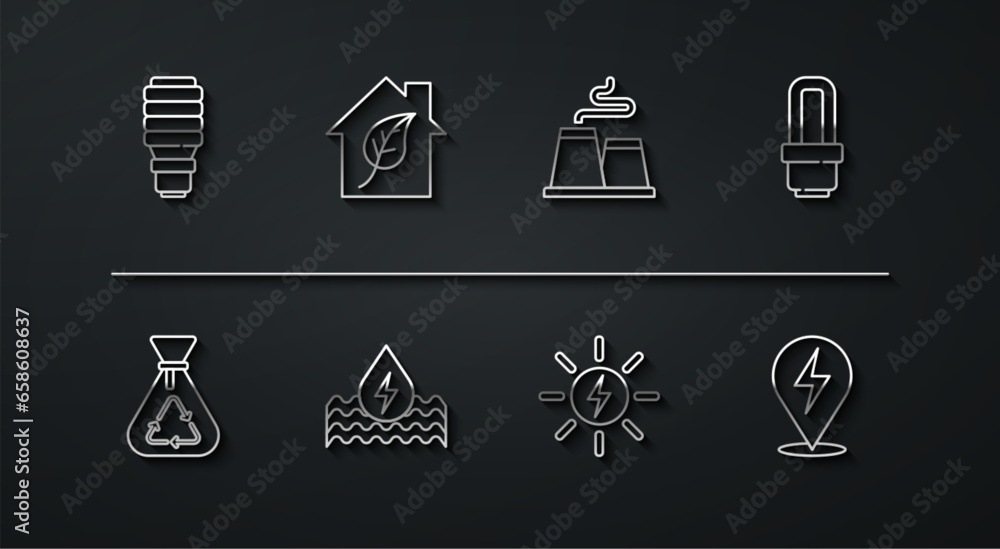 Sticker Set line LED light bulb, Garbage bag with recycle, Solar energy panel, Water, Eco friendly house, Lightning bolt and Factory icon. Vector