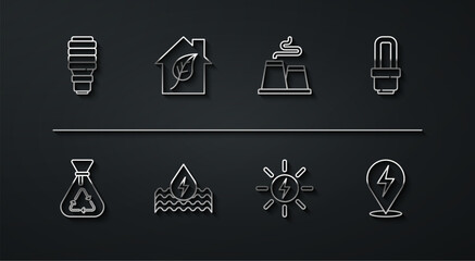 Set line LED light bulb, Garbage bag with recycle, Solar energy panel, Water, Eco friendly house, Lightning bolt and Factory icon. Vector