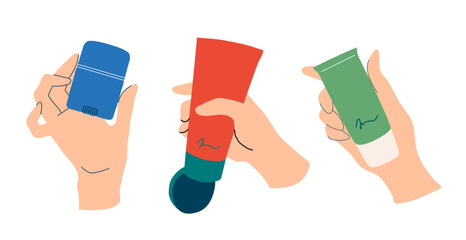 hands hold cream in tubes. cosmetic milk and sunscreen. The concept of self-care. vector illustration isolated on white background