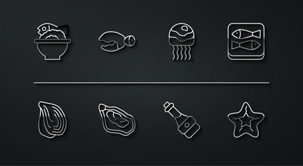 Set line Served fish on a bowl, Mussel, Canned, Soy sauce bottle, Lobster or crab claw, Starfish and Jellyfish icon. Vector