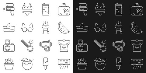 Set line Air conditioner, Bodybuilder muscle, Watermelon, Soda can, Glasses, Shark fin in ocean wave, gun and Barbecue grill icon. Vector - obrazy, fototapety, plakaty