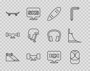 Set line Skate park, Baseball cap, Longboard or skateboard, Skateboard wheel, helmet, and icon. Vector
