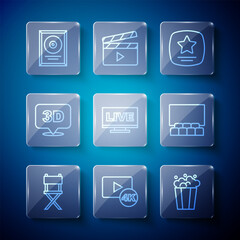 Set line Director movie chair, Screen tv with 4k, Popcorn in cardboard box, Walk of fame star, Live stream, 3D word, CD disk award frame and Cinema auditorium screen icon. Vector